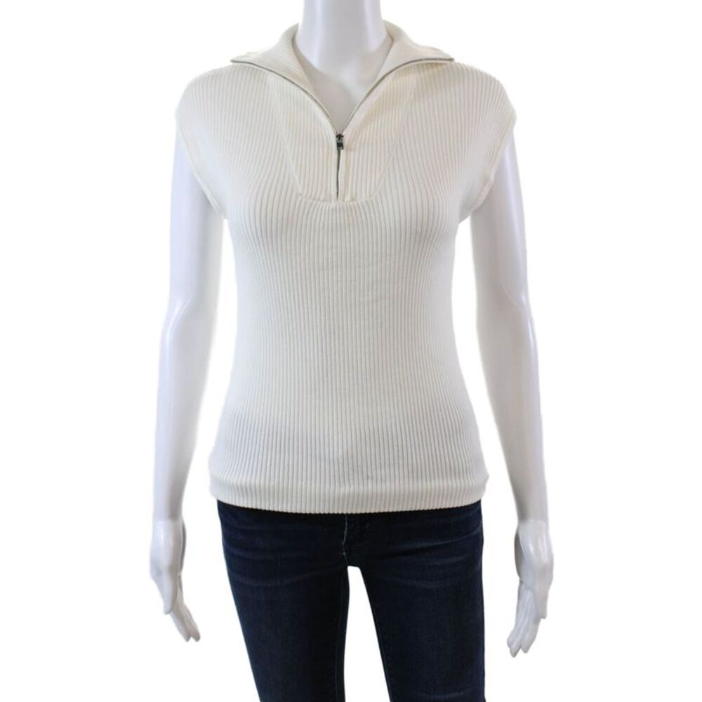Gallery Couture Womens Ribbed Sleevless Zippered High Neck Top White Size S